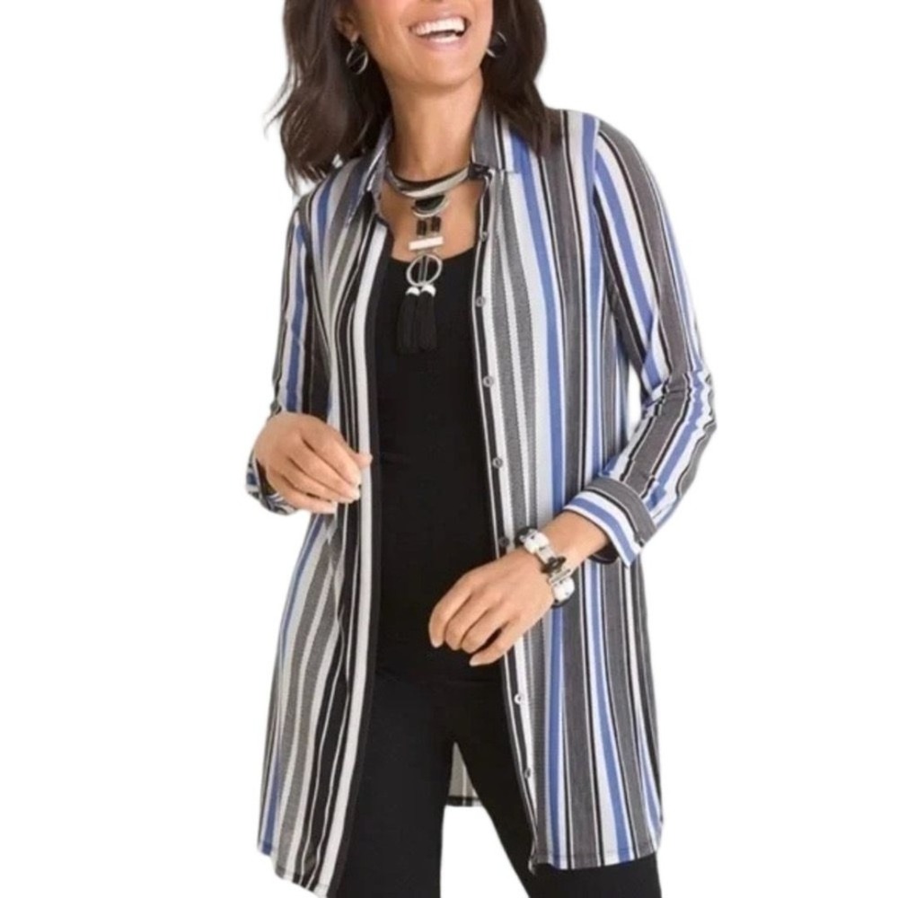 Chicos Travelers‎ Size PM Stripe Mesh Lightweight Tunic Button Up Shirt